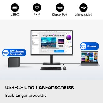 Ein Monitor ist an einen PC, einen Laptop, eine Tastatur und eine Maus angeschlossen. Auf dem Monitor ist ein Bearbeitungsprogramm geöffnet. Das Anschlusssymbol über dem PC zeigt eine 90-W-Ladeleistung und Datenübertragung an, während sich das Ethernet-Symbol über dem Laptop befindet. Symbole für USB-C, LAN, DisplayPort, USB-A und USB-B.