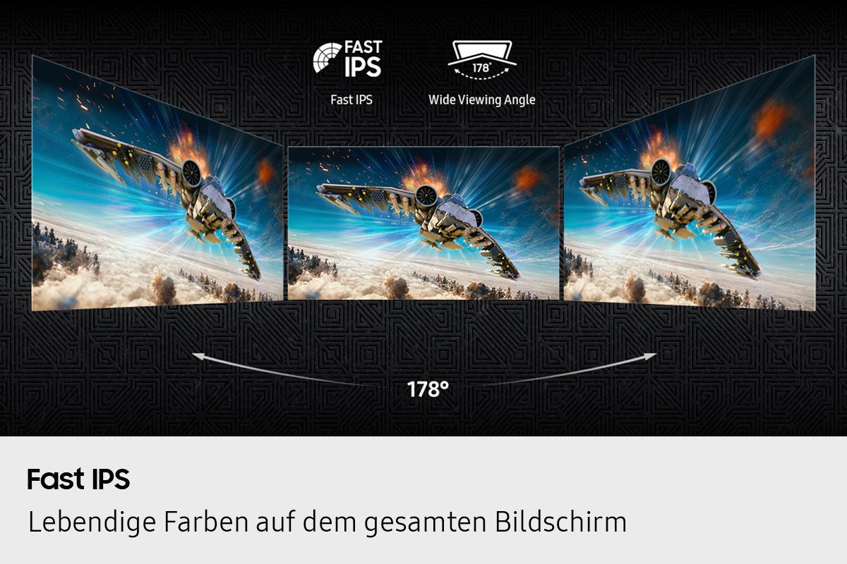 Das Fast IPS-Logo und das Logo für den 178-Grad-breiten Betrachtungswinkel sind zu sehen. Drei Monitore nebeneinander zeigen die gleiche Luftkampfszene.