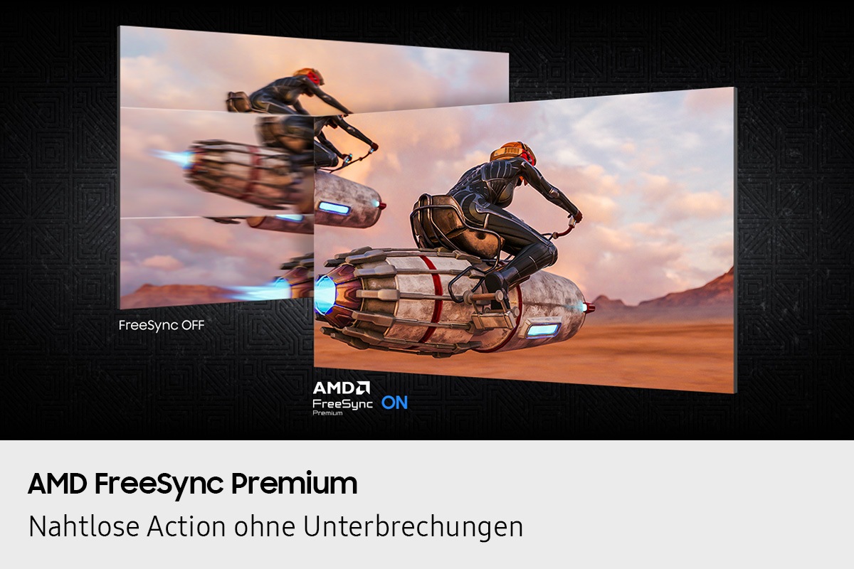 Zwei Bilder, die jeweils eine Person auf einem futuristischem Hover Bike zeigen, werden nebeneinander verglichen. Mit AMD FreeSync Premium ist das Bild ist klar und scharf, ohne AMD FreeSync Premium erscheint es verschwommen.