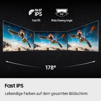 Das Fast IPS-Logo und das Logo für den 178-Grad-breiten Betrachtungswinkel sind zu sehen. Drei Monitore nebeneinander zeigen die gleiche Luftkampfszene.