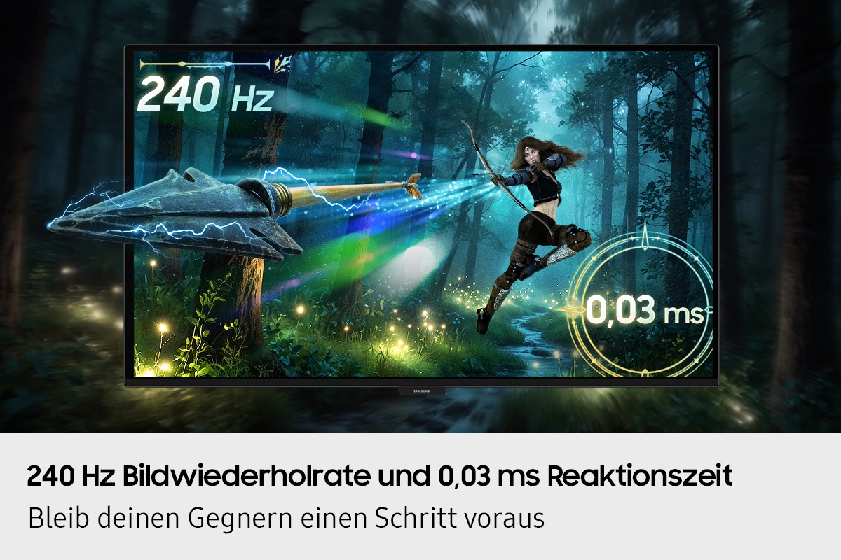 Ein Bildschirm zeigt einen Bogenschützen, der einen Pfeil abschießt. Der Pfeil gleitet aus dem Bildschirm heraus.