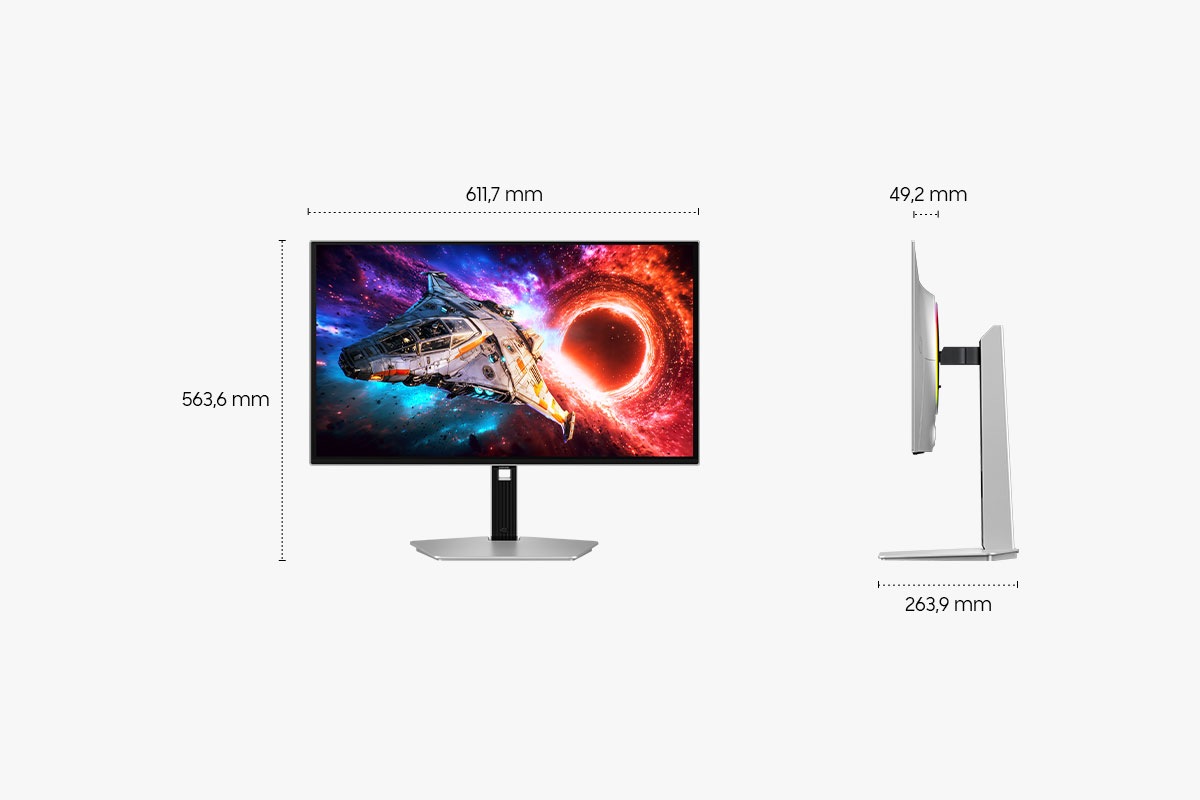 Abmessungen des 27-Zoll-Modells Samsung Odyssey OLED G8 (611,7 x 563,6 x 263,9 mm) mit Standfuß und einer Bildschirmtiefe von 49,2 mm ohne Standfuß.