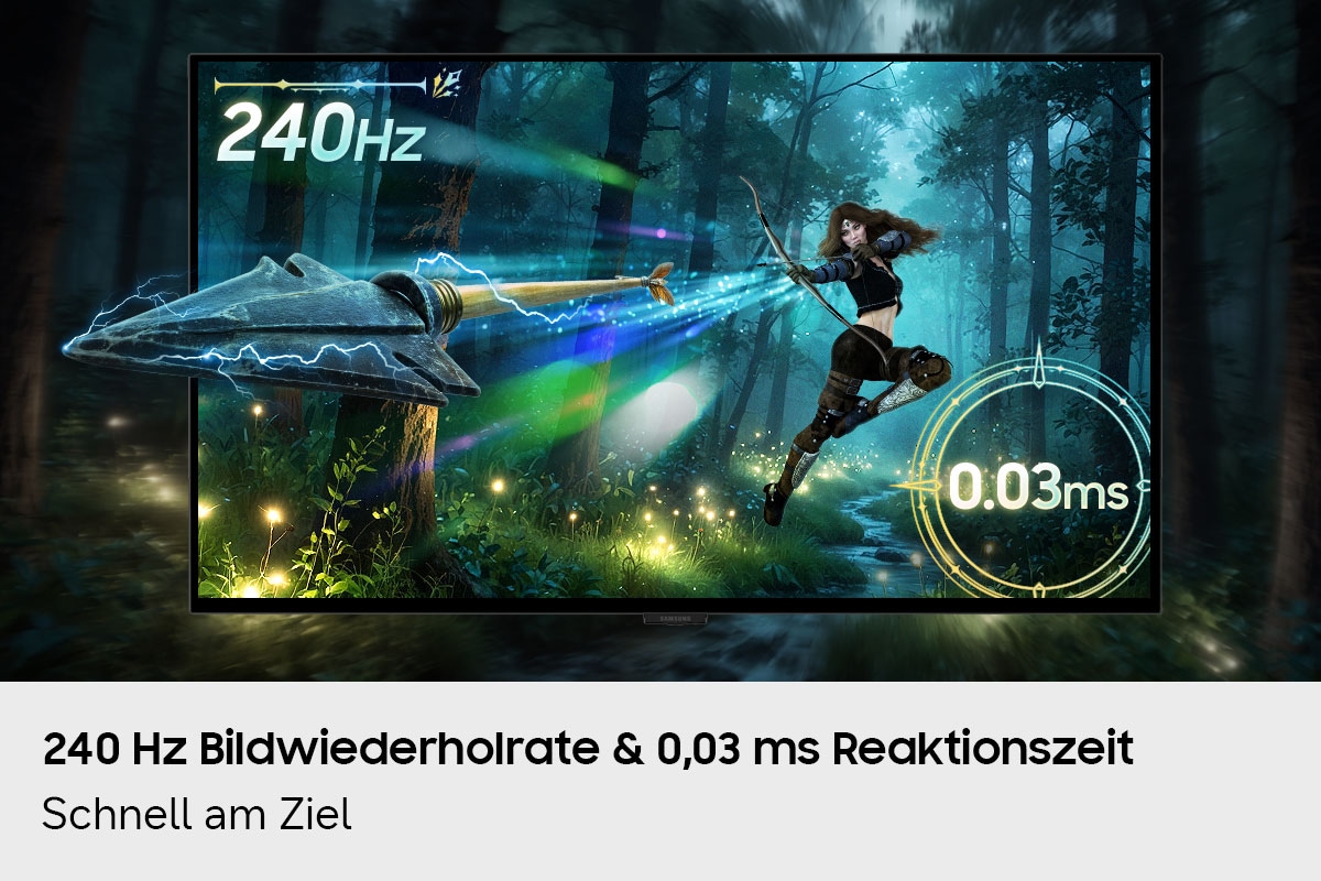 Ein Bildschirm zeigt einen Bogenschützen, der einen Pfeil abschießt. Der Pfeil gleitet aus dem Bildschirm heraus.