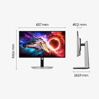 Abmessungen des 27-Zoll-Modells Samsung Odyssey OLED G8 (611,7 x 563,6 x 263,9 mm) mit Standfuß und einer Bildschirmtiefe von 49,2 mm ohne Standfuß.