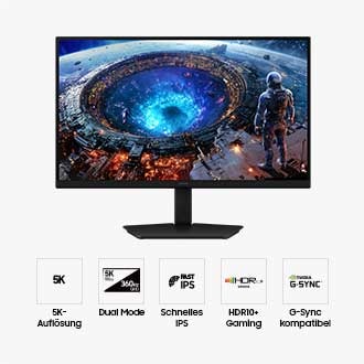 Vorderseite des Samsung Odyssey G8. Fünf Symbole für Funktionen wie 5K-Auflösung, Dual Mode, Schnelles IPS, HDR10+ Gaming und G-Sync Compatible.