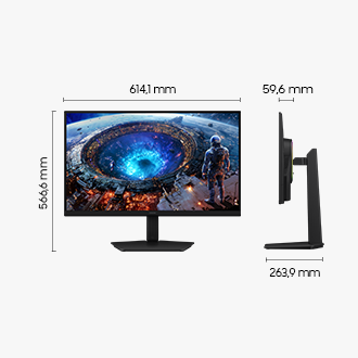 Abmessungen des Samsung Odyssey G8 (614,1 x 566,6 x 263,9) mit Standfuß und einer Bildschirmtiefe von 59,6 mm ohne Standfuß.