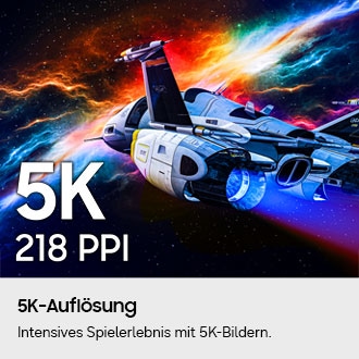 Ein hochauflösendes Display mit 5K und 218 PPI zeigt ein detailreiches Raumschiff.