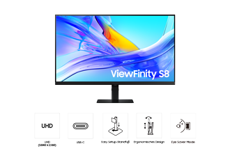 Vorderseite des 32inch Samsung ViewFinity S80UD. Der Bildschirm zeigt eine blaue Welle und fünf Symbole für die Funktionen UHD, USB Typ-C, einfach aufstellbarer Standfuß, ergonomisches Design und Eye Saver Modus.
