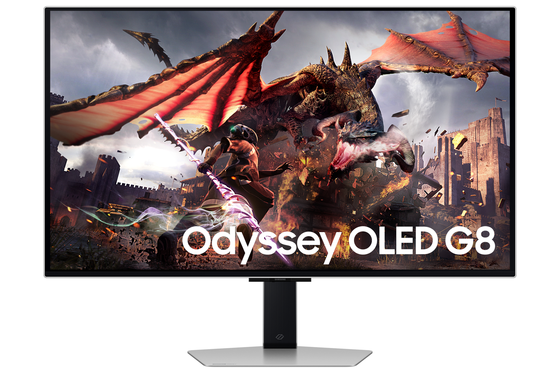 Vorderseite des Samsung Odyssey OLED G8 G80SD. Der Bildschirm zeigt einen Drachen und einen Krieger. 