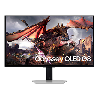 Vorderseite des Samsung Odyssey OLED G8 G80SD. Der Bildschirm zeigt einen Drachen und einen Krieger.