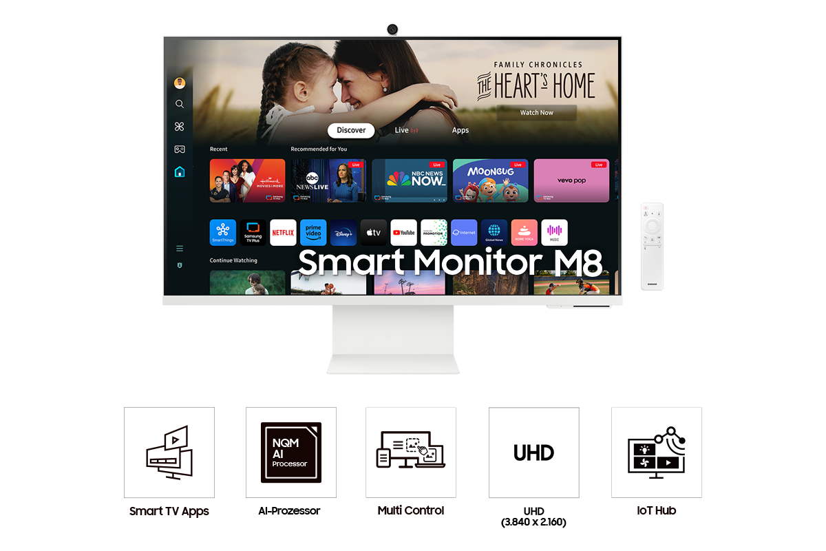 Vorderseite des Samsung Smart Monitor M80D. Der Bildschirm zeigt Smart TV-Apps, eine Slimfit-Kamera, die Fernbedienung und vier Symbole für die Funktionen der Smart TV-Apps, des AI-Prozessors, UHD und des IoT-Hubs. 