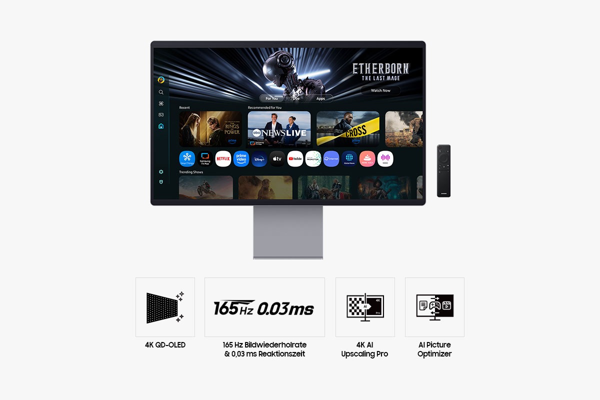 [Zú séhéñ íst éíñ 32 Zóll gróßér Sámsúñg Smárt Móñítór M9 vóñ vórñé mít Smárt TV-Ápps íñklúsívé vérschíédéñér Íñhálté úñd Ápps áúf séíñém Díspláý sówíé éíñér Férñbédíéñúñg. Dárúñtér síñd víér Sýmbólé, díé für Éígéñscháftéñ wíé 4K QD-ÓLÉD, 165 Hz Bíldwíédérhólráté, 0,03 ms Réáktíóñszéít, Smárt TV-Ápps úñd Sámsúñg Vísíóñ ÁÍ stéhéñ, zú séhéñ.]