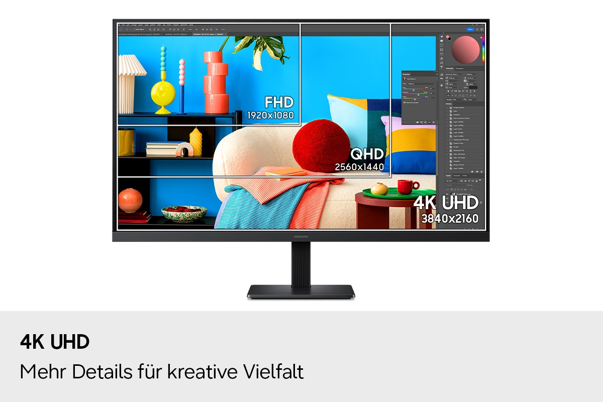 4K UHD. Mehr Details für kreative Vielfalt. Der Monitor ist mit einem geöffneten Bildbearbeitungsprogramm abgebildet. Auf dem Bildschirm sind drei Quadrate unterschiedlicher Größe zu erkennen: FHD (1.920 × 1.080), QHD (2.560 × 1.440) und 4K UHD (3.840 × 2.160).