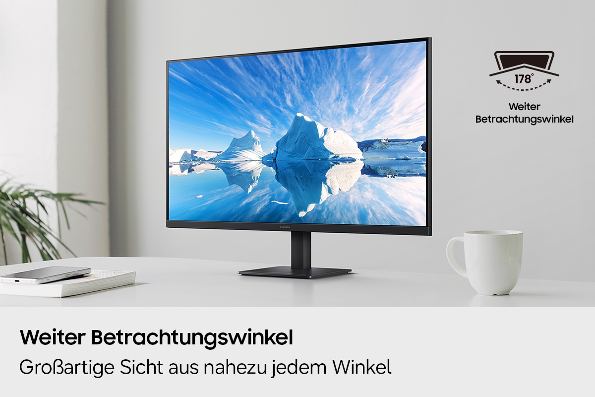 Weiter Betrachtungswinkel. Großartige Sicht aus nahezu jedem Winkel. Ein Monitor steht auf einem Tisch in einem Heimbüro. Ein Symbol weist auf einen weiten Betrachtungswinkel von 178° hin.