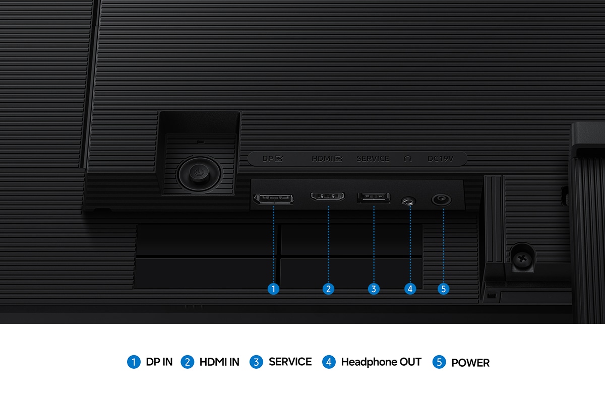 Zu sehen ist eine Monitoranschlussleiste mit 5 Anschlüssen für DP IN, HDMI IN, SERVICE, Kopfhörerausgang und STROM.
