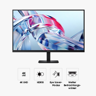 Zu sehen ist ein 32 Zoll großer Samsung ViewFinity S7 S70H von vorne, dessen Bildschirm viele leuchtende Farben wiedergibt. Es sind auch vier Symbole zu erkennen, die für folgende Funktionen stehen: „4K UHD“, „HDR10“, „Eye Saver-Modus“ und „Weiter Betrachtungswinkel“.