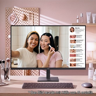 Auf dem Bildschirm des ViewFinity S70H sind zwei Personen zu sehen, die sich gerade schminken. Das Bild wurde mit Hilfe von AI erstellt.