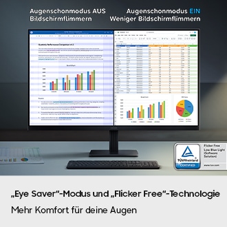 „Eye Saver“-Modus und „Flicker Free“-Technologie. Mehr Komfort für deine Augen – auch an langen Tagen. Auf einem geteilten Bildschirm sind zwei Dokumente zu sehen. Bei ausgeschaltetem „Eye Saver“-Modus flackert der Bildschirm. Bei eingeschaltetem „Eye Saver“-Modus und aktivierter „Flicker Free“-Technologie ist das Bild klar. TÜV Rheinland®-zertifiziert: flimmerfrei und blaulichtarm (Software-Lösung). www.tuv.com-Logo.