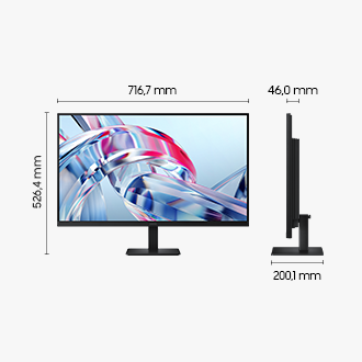 Zu sehen sind die Abmessungen des 32 Zoll großen Samsung ViewFinity S7 S70H (716,7 x 526,4 x 200,1 mm) mit Standfuß und einer Bildschirmtiefe von 46,0 mm ohne Standfuß. Der Bildschirm gibt viele leuchtende Farben wieder.