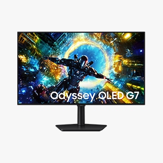 Vorderseite des Samsung Odyssey OLED G73SH. Auf dem Bildschirm ist eine Figur zu sehen, die in ein Portal fällt. 