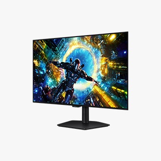 Blick von vorne rechts auf den Samsung Odyssey OLED G73SH. Auf dem Bildschirm ist eine Figur zu sehen, die in ein Portal fällt. 