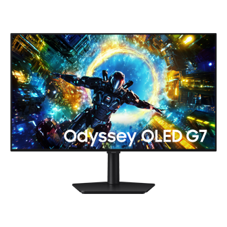 Vorderseite des Samsung Odyssey OLED G73SH. Auf dem Bildschirm ist eine Figur zu sehen, die in ein Portal fällt. 