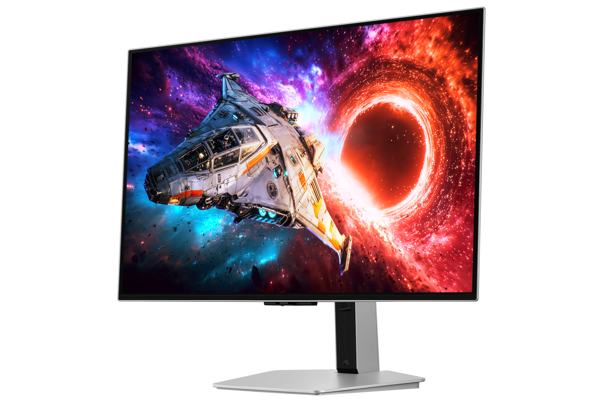 Frontansicht von rechts des 32-Zoll-Samsung Odyssey OLED G8. Auf dem Bildschirm ist ein Raumschiff zu sehen, das aus dem Portal herausfliegt.