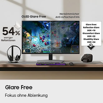 Ein Monitor in einem Gaming-Setup zeigt Spiegelungen auf dem Bildschirm mit herkömmlicher entspiegelnder Beschichtung. Die OLED Glare Free Beschichtung ist 54 % weniger glänzend und sorgt für eine klarere Sicht auf das Spiel.