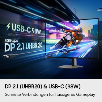 Eine Figur auf einem Motorrad rast aus dem Bildschirm. USB-C 98 W. 80 Gbit/s. DP 2.1 UHBR 20.