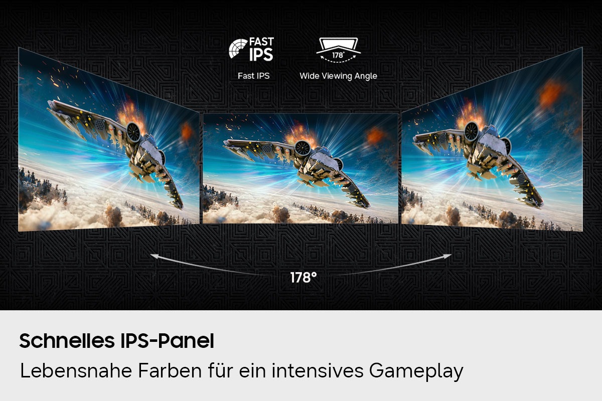 Schnelles-IPS-Logo und Logo für einen Betrachtungswinkel von 178 Grad. Drei Monitore zeigen dieselbe Luftkampfszene aus verschiedenen Blickwinkeln.