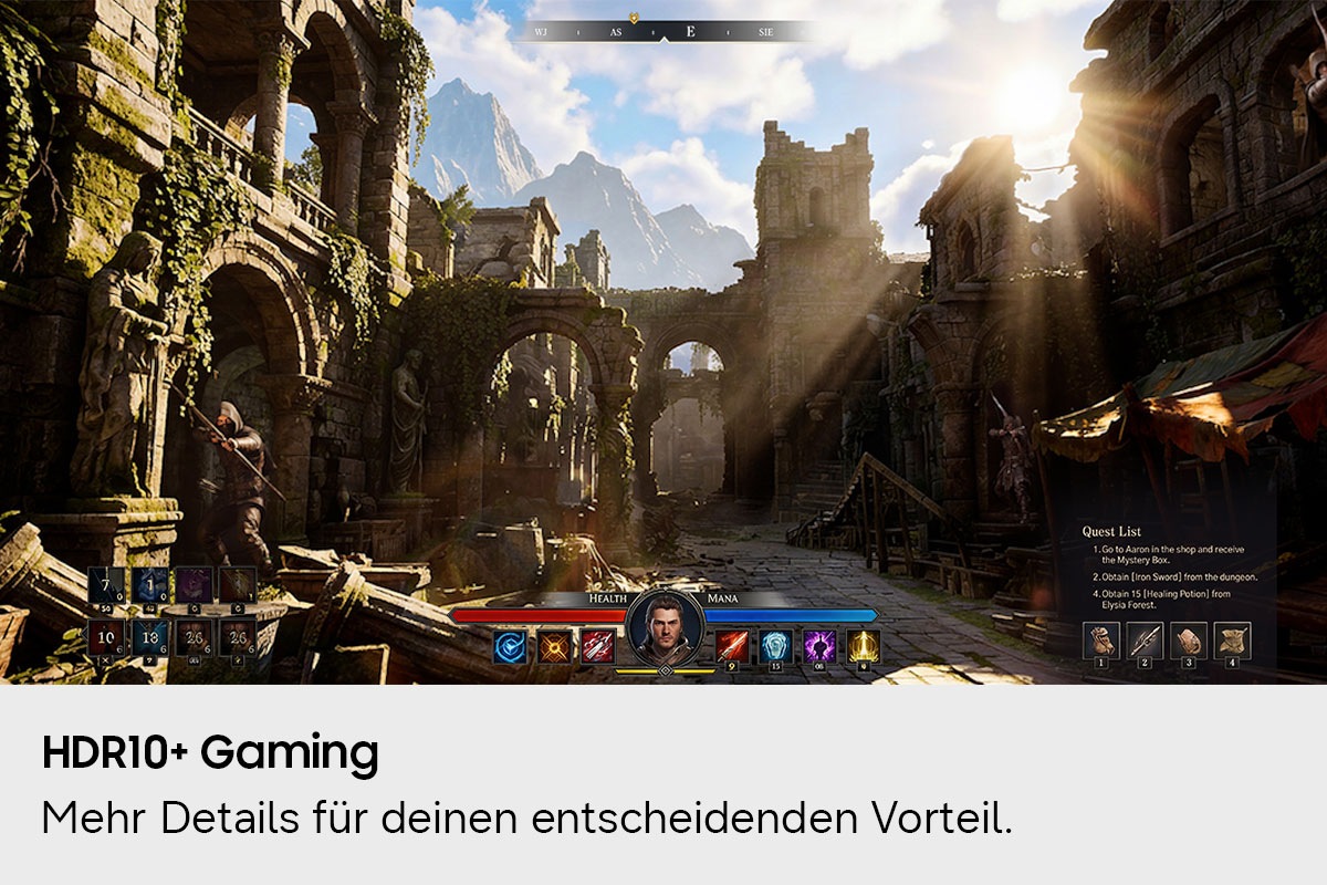 Eine rustikale Spielumgebung mit dunklen Bereichen ist aus der Ich-Perspektive zu sehen. Unten werden Charakterinfos und eine Questliste eingeblendet.