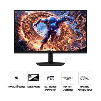 Vorderseite des Samsung Odyssey G8. Fünf Symbole für Funktionen wie 6K-Auflösung, Dual Mode, Schnelles IPS, HDR10+ Gaming und G-Sync Compatible.