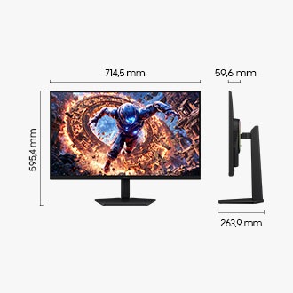 Abmessungen des Samsung Odyssey G8 (714,5 x 595,4 x 263,9 mm) mit Standfuß und einer Bildschirmtiefe von 59,6 mm ohne Standfuß.