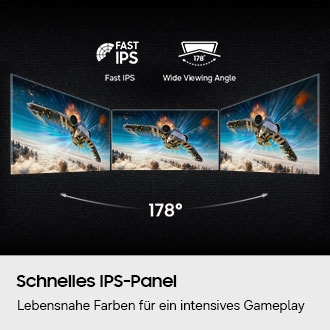 Schnelles-IPS-Logo und Logo für einen Betrachtungswinkel von 178 Grad. Drei Monitore zeigen dieselbe Luftkampfszene aus verschiedenen Blickwinkeln.