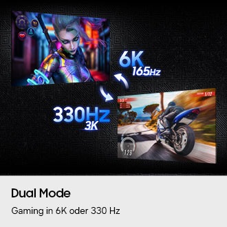 Zwei Bildschirme zeigen unterschiedliche Spiele: eines in 6K mit 165 Hz, das andere in 3K mit 330 Hz.