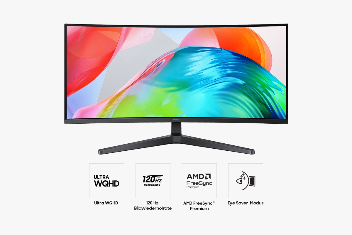 Zu sehen ist ein 34 Zoll großer Samsung ViewFinity S5 S55GH von vorne, dessen Bildschirm viele leuchtende Farben wiedergibt. Es sind auch vier Symbole zu erkennen, die für folgende Funktionen stehen: „Ultra WQHD“, „120 Hz Bildwiederholrate“, „AMD FreeSync™ Premium“ und „Eye Saver-Modus“.