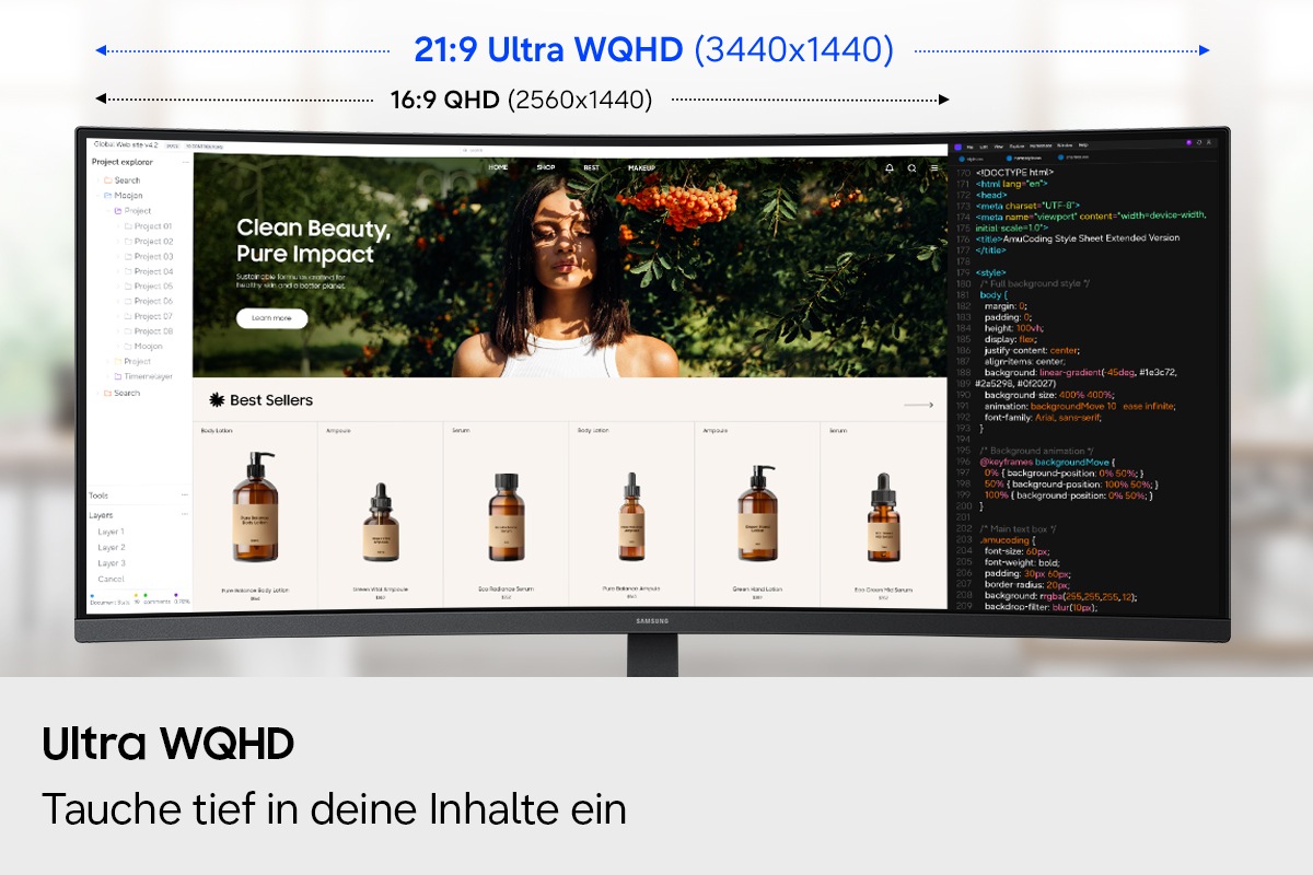 Ultra WQHD. Tauche tief in deine Inhalte ein. Der QHD-Bildschirm (2.560 × 1.440) im Seitenverhältnis 16:9 zeigt eine Website in der Entwicklung, während der Ultra-WQHD-Bildschirm (3.440 × 1.440) im Seitenverhältnis 21:9 sowohl die Website als auch einen Code-Editor anzeigt.