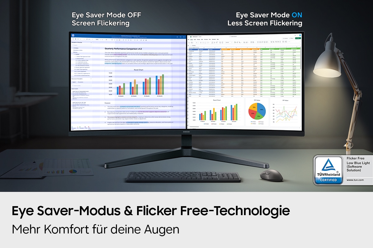 „Eye Saver“-Modus und „Flicker Free“-Technologie. Mehr Komfort für deine Augen – auch an langen Tagen. Auf einem geteilten Bildschirm sind zwei Dokumente zu sehen. Bei ausgeschaltetem „Eye Saver“-Modus flackert der Bildschirm. Bei eingeschaltetem „Eye Saver“-Modus und aktivierter „Flicker Free“-Technologie ist das Bild klar. TÜV Rheinland®-zertifiziert: flimmerfrei und blaulichtarm (Software-Lösung). www.tuv.com-Logo.