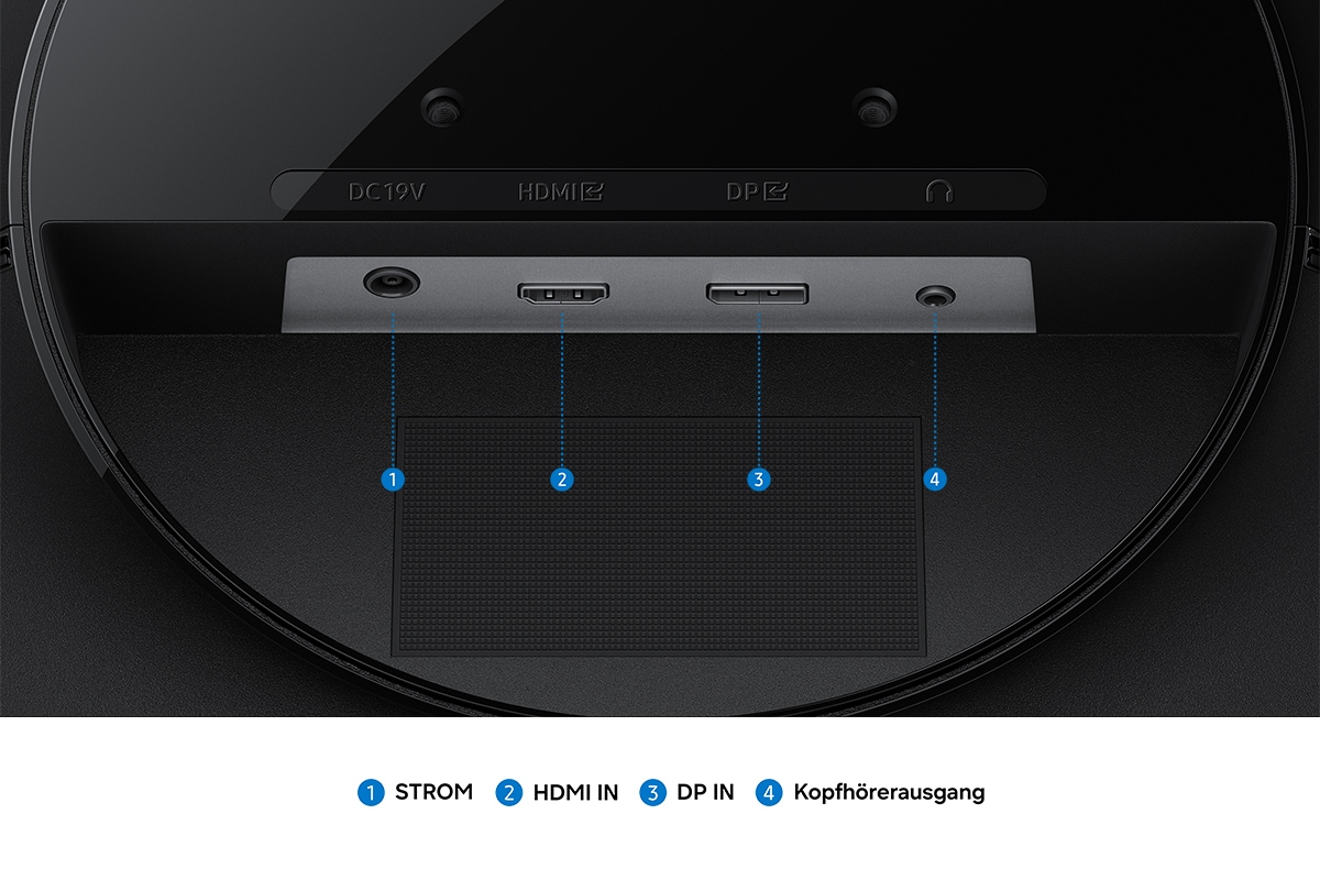 Zu sehen ist eine Monitoranschlussleiste mit 4 Anschlüssen für STROM, HDMI IN, DP IN und Kopfhörerausgang.