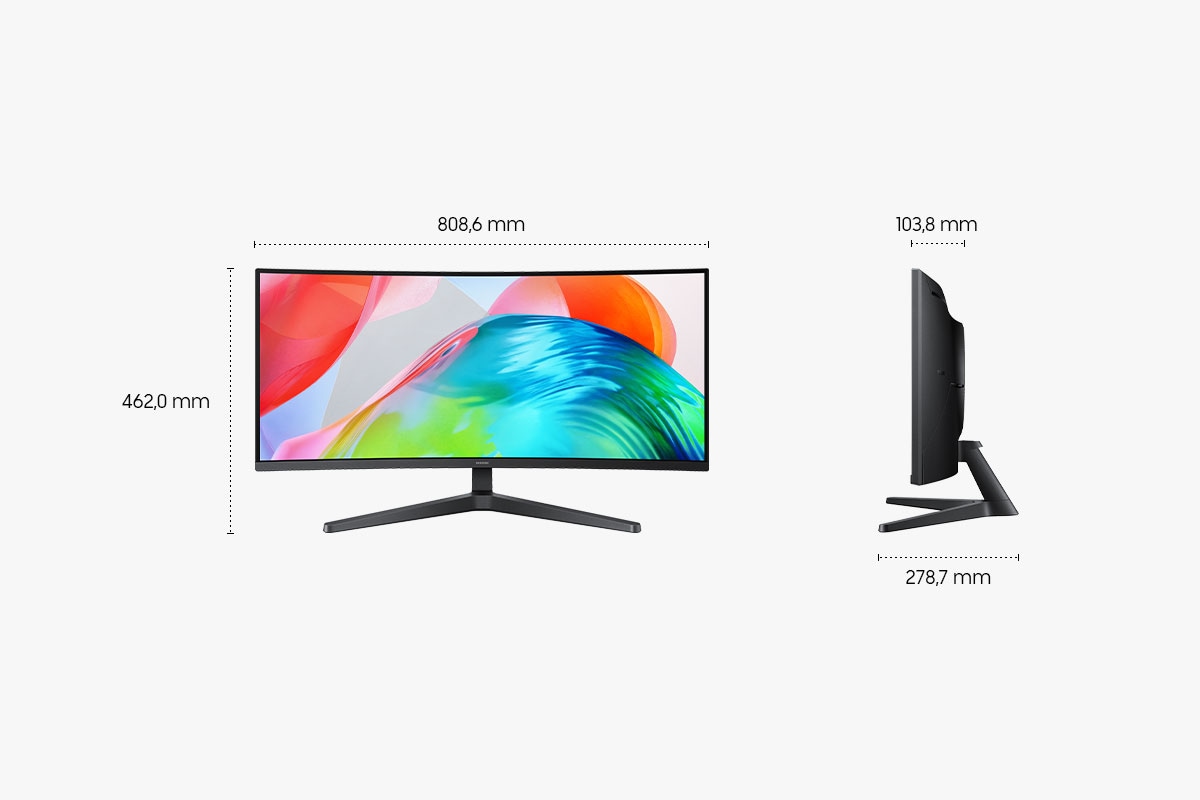 Zu sehen sind die Abmessungen des 34 Zoll großen Samsung ViewFinity S5 S55GH (808,6 x 462,0 x 278,7 mm) mit Standfuß und einer Bildschirmtiefe von 103,8 mm ohne Standfuß. Der Bildschirm gibt viele leuchtende Farben wieder.