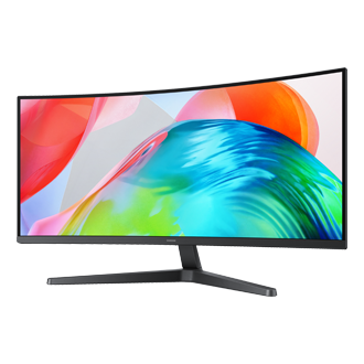 Zu sehen ist ein 34 Zoll großer Samsung ViewFinity S5 S55GH von rechts vorne, dessen Bildschirm viele leuchtende Farben wiedergibt.