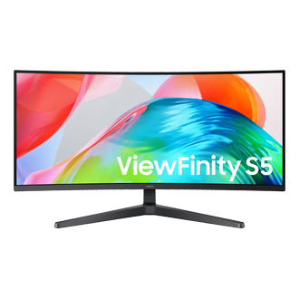 Zu sehen ist ein 34 Zoll großer Samsung ViewFinity S5 S55GH von vorne, dessen Bildschirm viele leuchtende Farben wiedergibt.