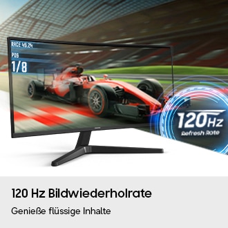 120 Hz Bildwiederholrate. Genieße flüssige Inhalte. Ein Rennwagen „rast“ aus dem Bildschirm. 120 Hz Bildwiederholrate.