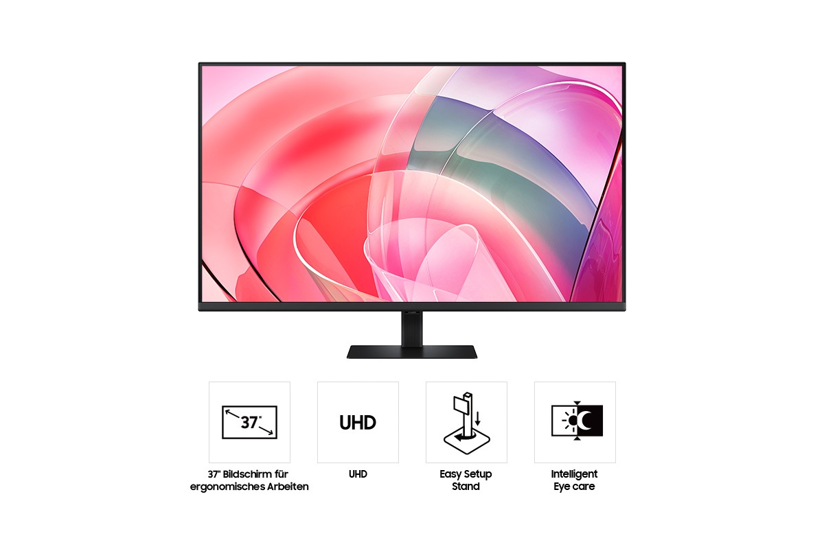 Vorderseite des 37 Zoll großen Samsung ViewFinity S7 S70D mit abstrakten, farbenfrohen Mustern auf dem Bildschirm und vier Symbolen für Funktionen wie das ergonomische 37-Zoll-Ergonomic Workspace Display, UHD-Auflösung, Easy Setup-Standfuß, and Intelligent Eye Care.