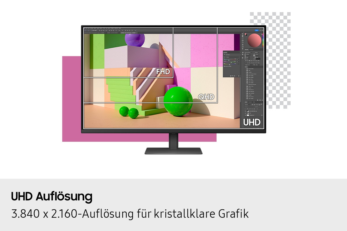 UHD-Auflösung. Die Auflösung von 3840 x 2160 sorgt für klare Bilder. Der Monitorbildschirm zeigt eine Bildbearbeitungssoftware mit FHD, QHD und UHD und verdeutlicht, wie viel vom Bild bei jeder Auflösung sichtbar ist.