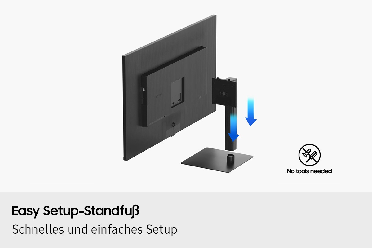 Easy Setup-Standfuß. Flexible Einstellungen für angepassten Komfort. Der Monitor wird an einem Standfuß befestigt, indem der Neck-Standfuß in die untere Basis geschoben und mit der Rückseite des Monitors verbunden wird, mit einem Symbol „Keine Werkzeuge erforderlich”.