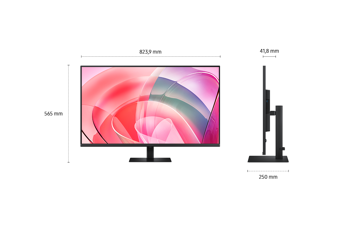 Abmessungen des 37-Zoll-Samsung ViewFinity S7 S70D (823,9 x 565 x 250 mm) mit schwarzem Standfuß und einer Bildschirmtiefe von 41,8 mm ohne Standfuß. Der Bildschirm zeigt abstrakte, farbenfrohe Muster.
