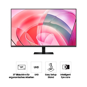 Vorderseite des 37 Zoll großen Samsung ViewFinity S7 S70D mit abstrakten, farbenfrohen Mustern auf dem Bildschirm und vier Symbolen für Funktionen wie das ergonomische 37-Zoll-Ergonomic Workspace Display, UHD-Auflösung, Easy Setup-Standfuß, and Intelligent Eye Care.