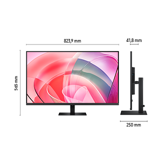 Abmessungen des 37-Zoll-Samsung ViewFinity S7 S70D (823,9 x 565 x 250 mm) mit schwarzem Standfuß und einer Bildschirmtiefe von 41,8 mm ohne Standfuß. Der Bildschirm zeigt abstrakte, farbenfrohe Muster.