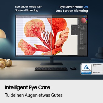 Intelligent Eye Care. Entlaste deine Augen. Der Monitor ist geteilt. Auf der linken Seite ist der Eye Saver Mode deaktiviert und flimmert etwas. Auf der rechten Seite ist der Modus aktiviert und flimmert weniger. Am unteren Rand des Monitors befindet sich das TÜV-Zertifizierungslogo „TUVRheinland® CERTIFIED Intelligent Eye Care“ (www.tuv.com).